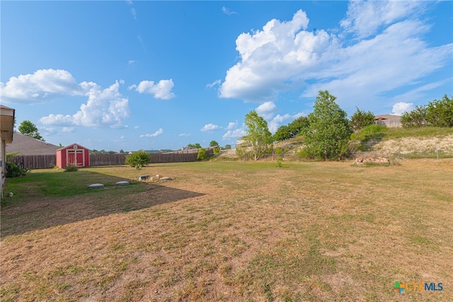 view of yard featuring a storage shed