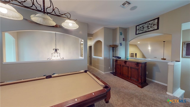 game room with light carpet, pool table, and an inviting chandelier