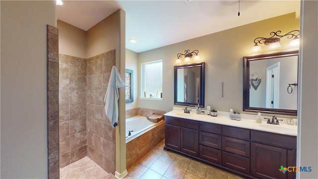 bathroom with separate shower and tub, tile patterned floors, and vanity