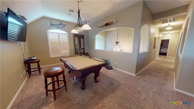 rec room with light colored carpet, pool table, and vaulted ceiling