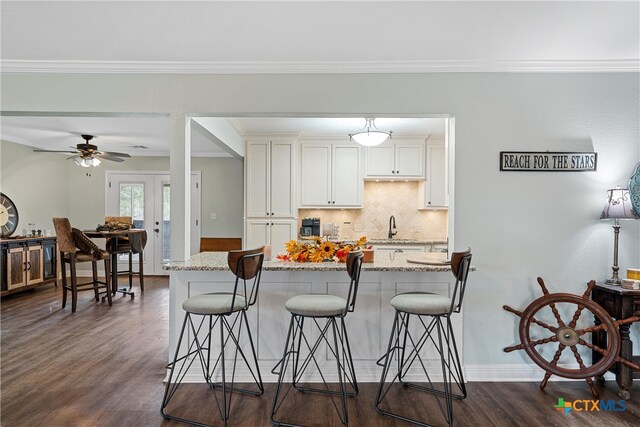 kitchen with dark wood-type flooring, light stone counters, and a breakfast bar