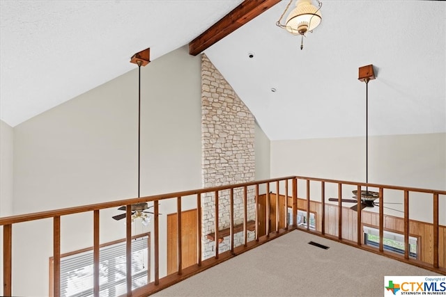 additional living space featuring high vaulted ceiling, beamed ceiling, ceiling fan, and carpet floors