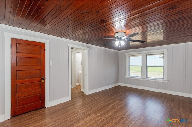 unfurnished room featuring ceiling fan, dark wood-type flooring, crown molding, wooden ceiling, and wood walls