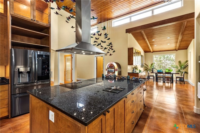 10329 Montanio Dr, New Braunfels, TX 78132 - kitchen featuring stainless steel fridge, wooden ceiling, island exhaust hood, black electric stovetop, and a kitchen island