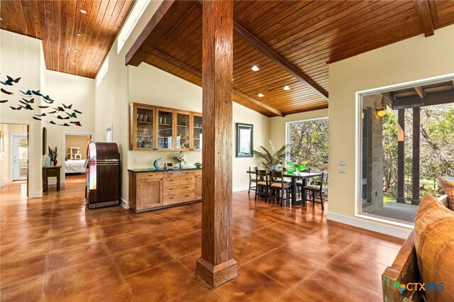 10329 Montanio Dr, New Braunfels, TX 78132 - entrance foyer featuring a wood ceiling with exposed beams, healthy amount of natural light, and high vaulted ceiling