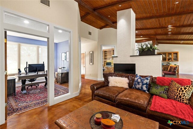 10329 Montanio Dr, New Braunfels, TX 78132 - tiled living area featuring wood ceiling, an office area, and recessed lighting
