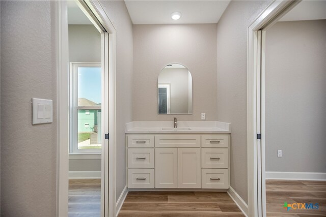 bathroom featuring hardwood / wood-style floors and vanity