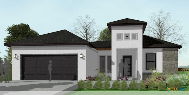 view of front of home with a garage, concrete driveway, and stucco siding