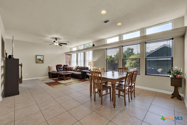 dining area featuring light tile patterned floors, visible vents, ceiling fan, baseboards, and recessed lighting