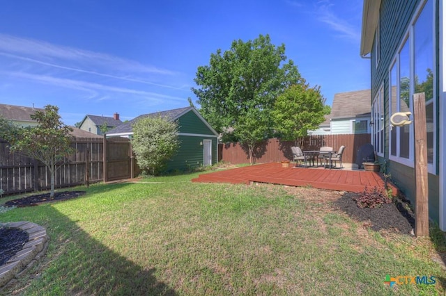 view of yard with a deck and a fenced backyard