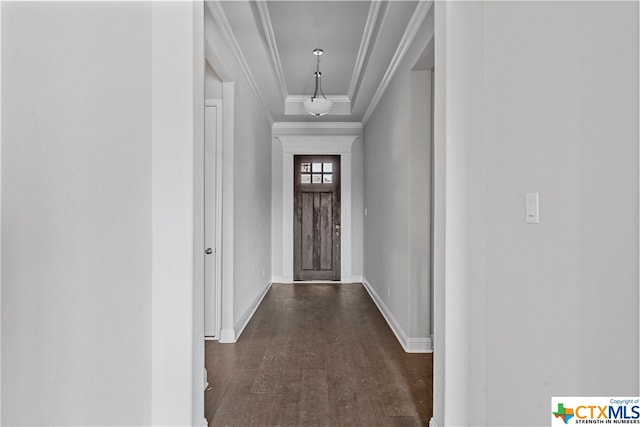 doorway with dark hardwood / wood-style floors and ornamental molding