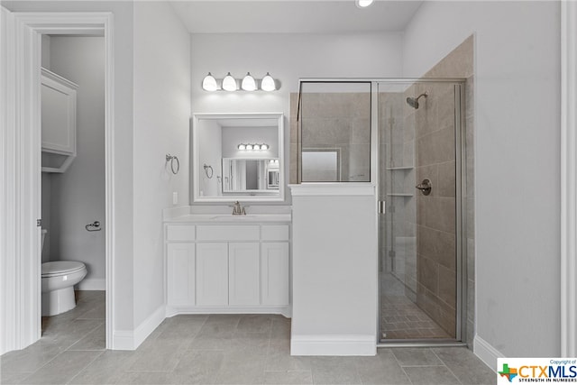 bathroom featuring walk in shower, vanity, toilet, and tile patterned flooring