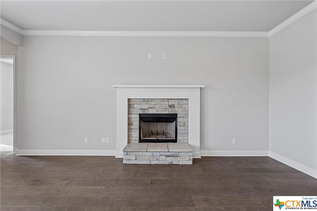 unfurnished living room with a fireplace, dark hardwood / wood-style floors, and ornamental molding