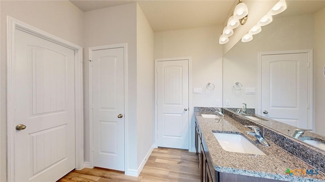 bathroom with vanity and hardwood / wood-style flooring