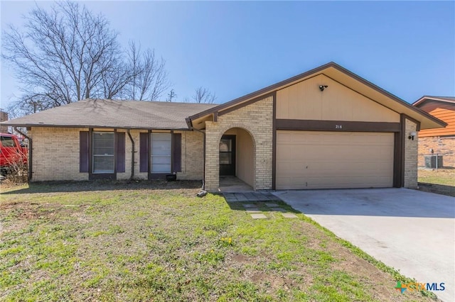 ranch-style home with brick siding, concrete driveway, central AC unit, a garage, and a front lawn