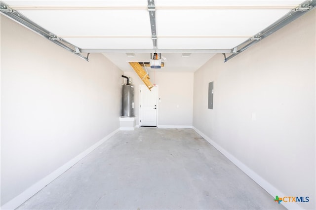 garage featuring electric panel, a garage door opener, and water heater