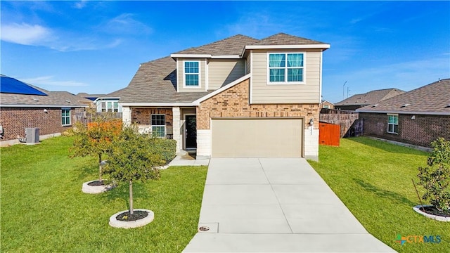 view of front facade featuring cooling unit, a garage, and a front lawn