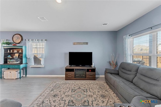 living room featuring plenty of natural light and light hardwood / wood-style flooring