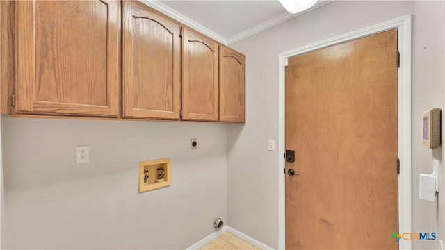 clothes washing area with washer hookup, electric dryer hookup, cabinets, and crown molding