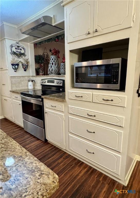 kitchen featuring light stone countertops, dark hardwood / wood-style flooring, range hood, and appliances with stainless steel finishes