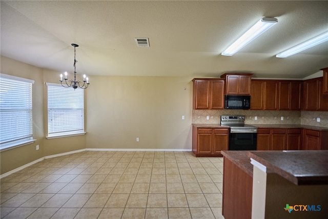 kitchen featuring tasteful backsplash, stainless steel range with electric cooktop, light tile patterned floors, pendant lighting, and an inviting chandelier