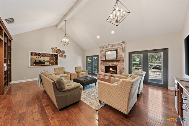 living room with french doors, dark wood-type flooring, high vaulted ceiling, beamed ceiling, and a fireplace