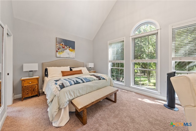 carpeted bedroom with high vaulted ceiling