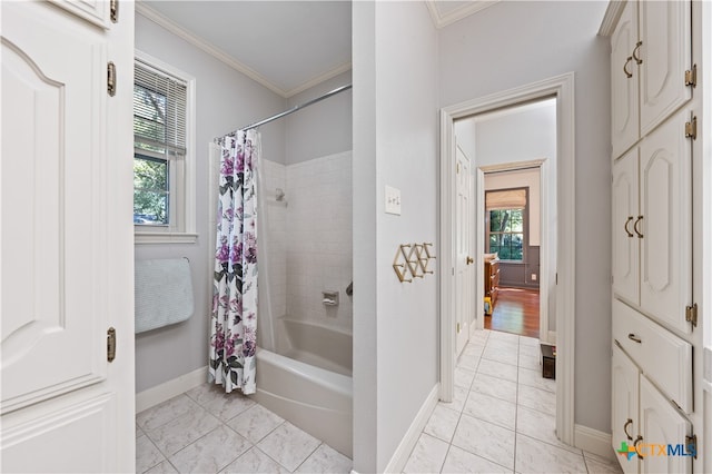 bathroom featuring tile patterned floors, crown molding, and shower / bathtub combination with curtain