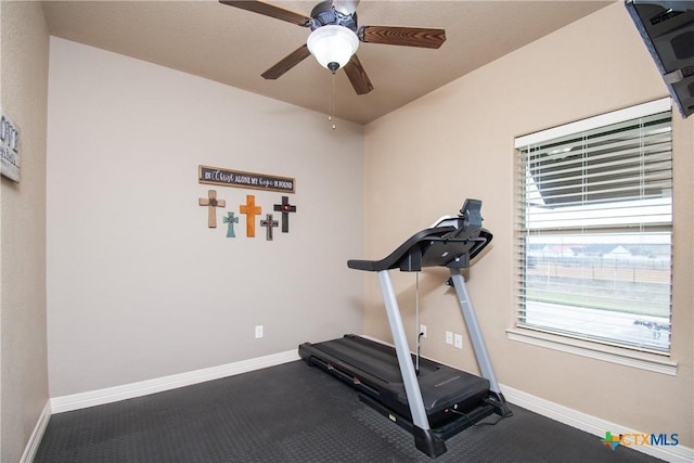 exercise room with ceiling fan