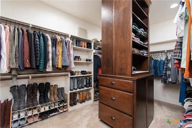 walk in closet featuring light colored carpet