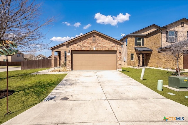 view of front of home featuring driveway, a garage, fence, a front lawn, and brick siding