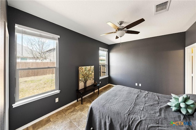 bedroom with visible vents, ceiling fan, and baseboards
