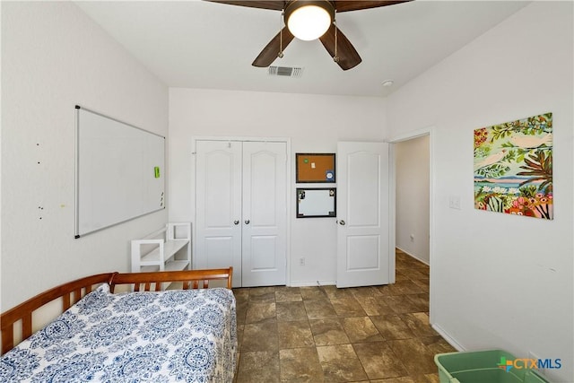 bedroom featuring a ceiling fan, a closet, and visible vents