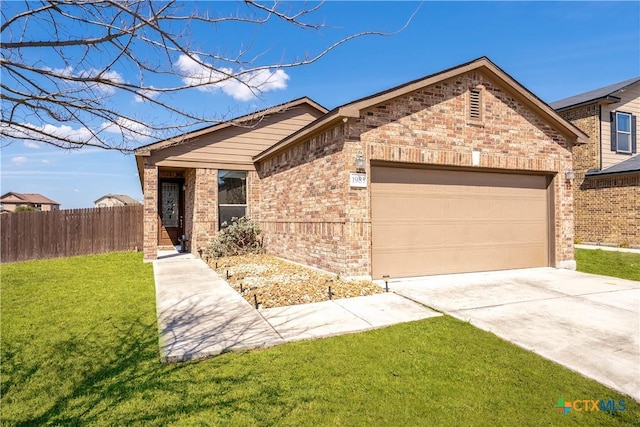 single story home with brick siding, an attached garage, fence, and a front yard