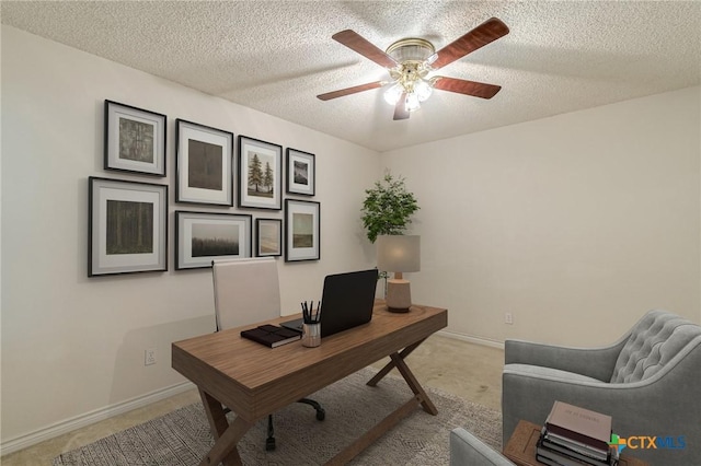127 Maple Dr, Mountain City, TX 78610 - home office with light colored carpet, ceiling fan, and a textured ceiling