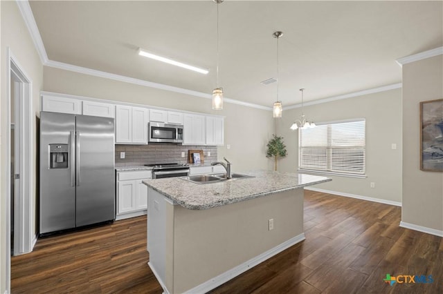 kitchen with stainless steel appliances, white cabinets, a sink, and dark wood-style floors