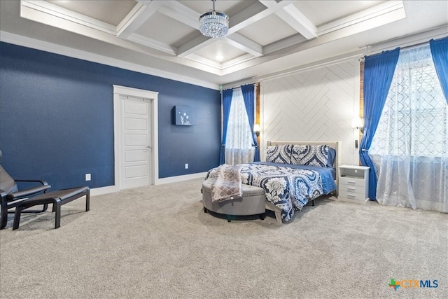 bedroom with beam ceiling, ceiling fan with notable chandelier, carpet, and coffered ceiling