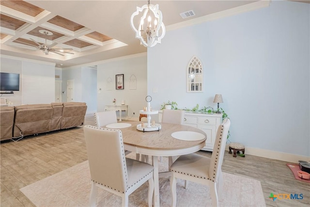 dining room with coffered ceiling, crown molding, beamed ceiling, and light wood-type flooring