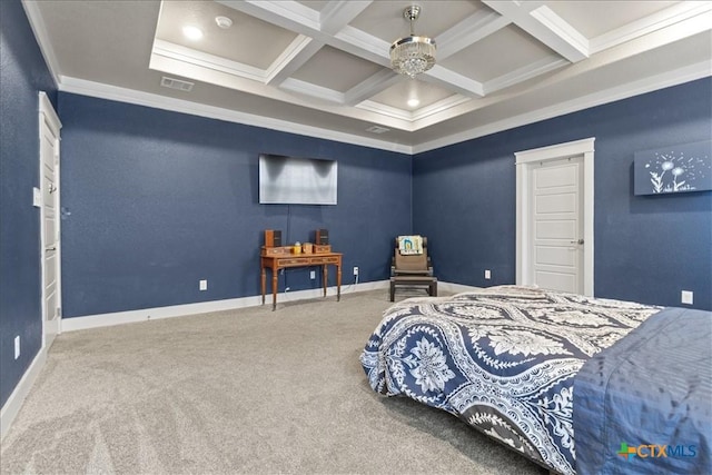 bedroom with coffered ceiling, carpet floors, beamed ceiling, and crown molding