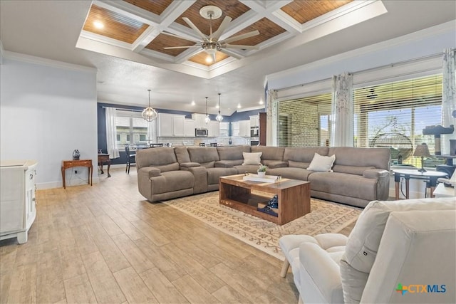 living room with coffered ceiling, beamed ceiling, light hardwood / wood-style floors, crown molding, and ceiling fan