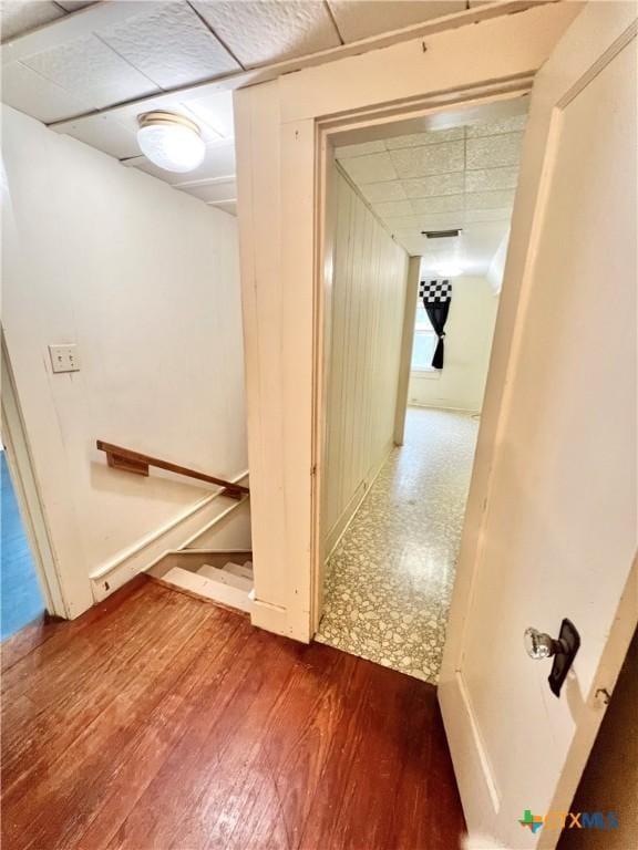 hall featuring a paneled ceiling and hardwood / wood-style floors