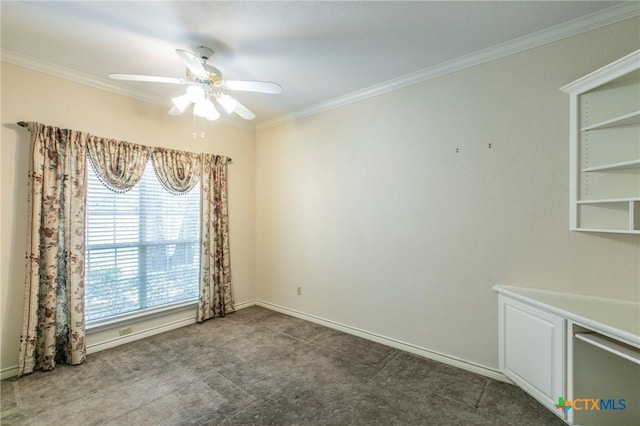 spare room with ornamental molding, ceiling fan, a wealth of natural light, and carpet floors