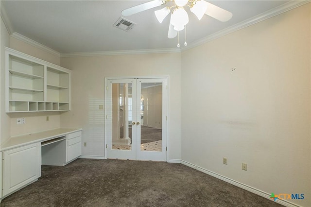 kitchen featuring ornamental molding, ceiling fan, french doors, and white cabinetry