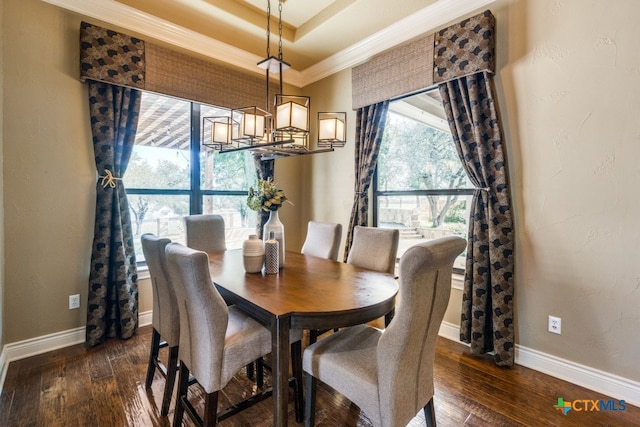 dining room with a chandelier, dark hardwood / wood-style floors, a raised ceiling, and ornamental molding