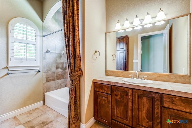 1027 Las Brisas Dr, Canyon Lake, TX 78133 - full bathroom with baseboards, shower / tub combo, vanity, and tile patterned floors