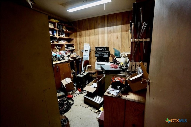 office area with wooden walls