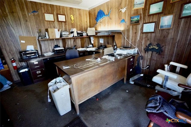 carpeted office with ornamental molding and wooden walls