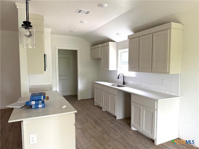 3804 Oglala Trl, Temple, TX 76502 - kitchen with wood finished floors, decorative backsplash, light countertops, a peninsula, and lofted ceiling