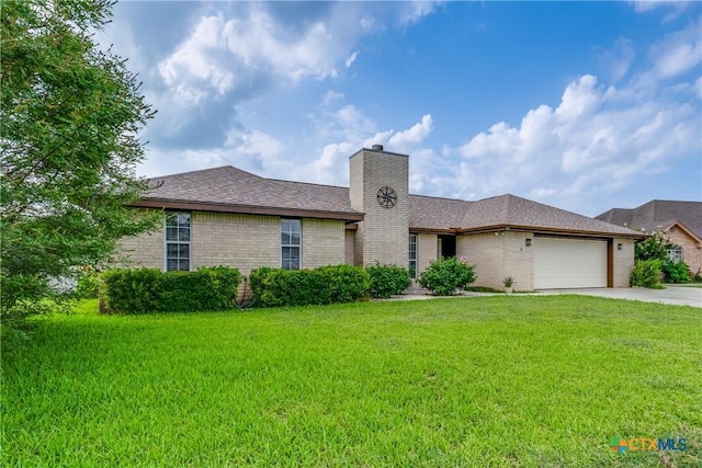 832 Saint James, Seguin, TX 78155 - single story home featuring brick siding, a front lawn, a chimney, driveway, and an attached garage