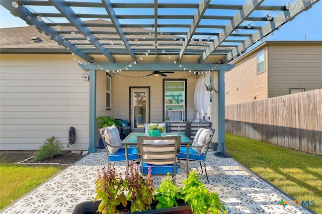 401 Thunder Valley Trl, Georgetown, TX 78626 - view of patio / terrace featuring ceiling fan, a pergola, and outdoor dining area